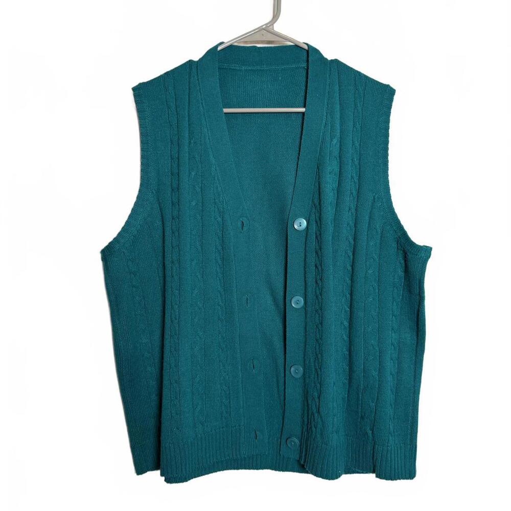 Vintage‎ 90s Teal Cable Knit Sweater Vest with Buttons - Picture 3 of 4